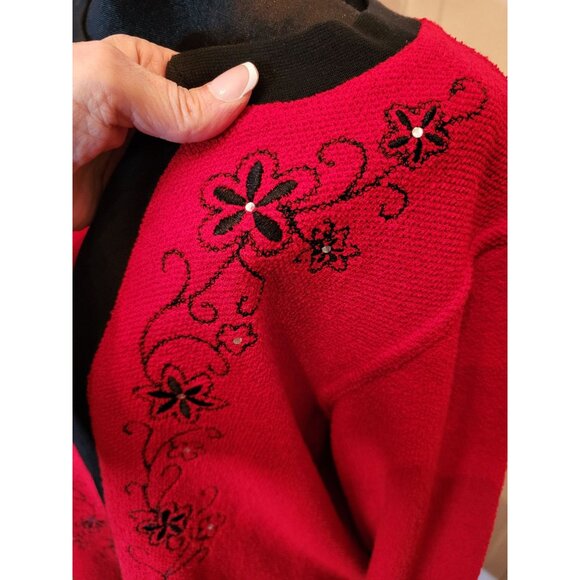 Vintage 90s Red/Black Layered Look Sweater Embroidered Beaded XL Christmas Party - Picture 5 of 7